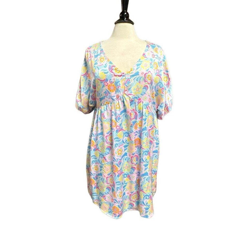 Emily Wonder Women Pink & Blue Floral Short Sleeve Dress Sz Med NEW